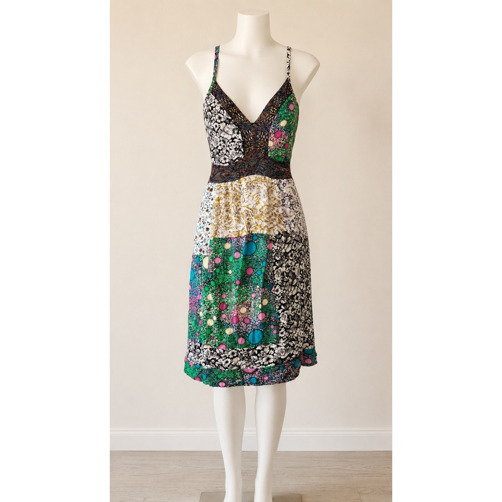 Gioia Fashion Mini Dress Size Large  Patchwork Beaded Mixed Print Boho